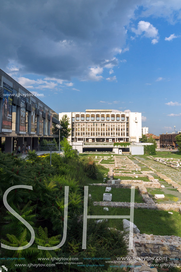 STARA ZAGORA, BULGARIA - AUGUST 5, 2018: Regional Library, State Opera and Ruins of Ancient Augusta Traiana  in the center of city of Stara Zagora, Bulgaria