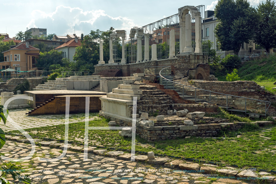 STARA ZAGORA, BULGARIA - AUGUST 5, 2018:  Auditorium of the Antique Forum at ruins of Augusta Traiana in the center of city of Stara Zagora, Bulgaria