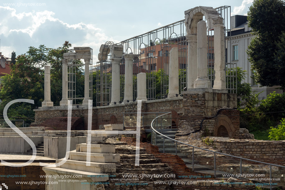 STARA ZAGORA, BULGARIA - AUGUST 5, 2018:  Auditorium of the Antique Forum at ruins of Augusta Traiana in the center of city of Stara Zagora, Bulgaria