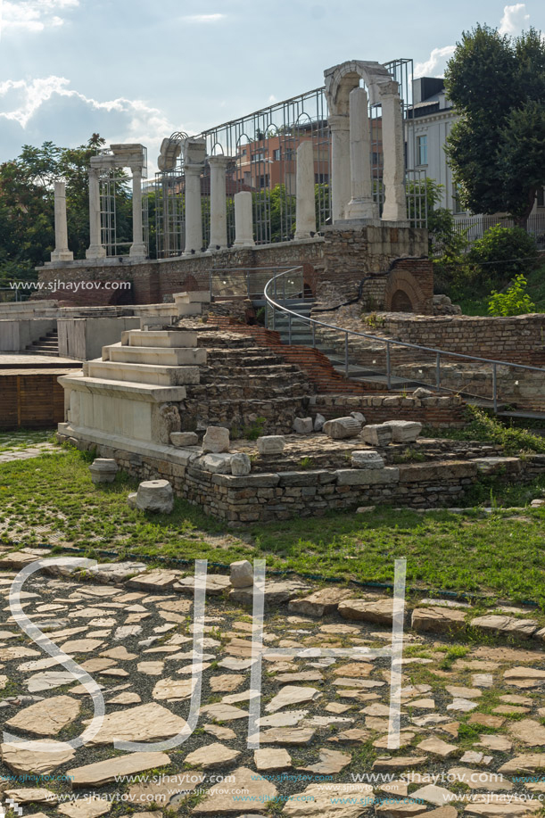 STARA ZAGORA, BULGARIA - AUGUST 5, 2018:  Auditorium of the Antique Forum at ruins of Augusta Traiana in the center of city of Stara Zagora, Bulgaria