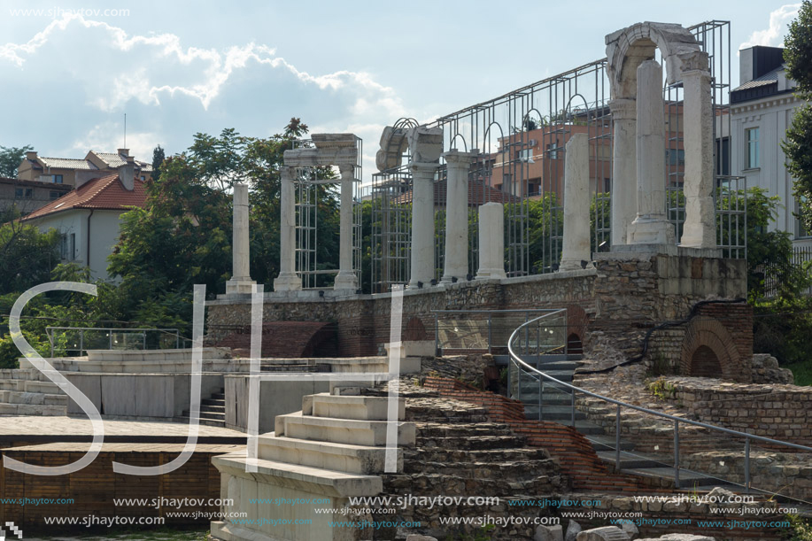 STARA ZAGORA, BULGARIA - AUGUST 5, 2018:  Auditorium of the Antique Forum at ruins of Augusta Traiana in the center of city of Stara Zagora, Bulgaria