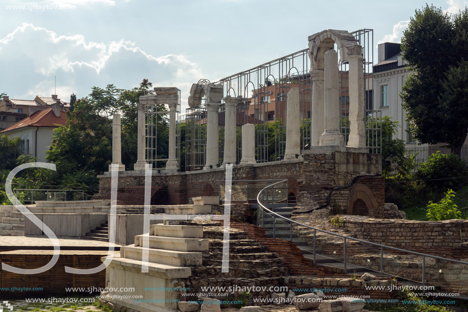 STARA ZAGORA, BULGARIA - AUGUST 5, 2018:  Auditorium of the Antique Forum at ruins of Augusta Traiana in the center of city of Stara Zagora, Bulgaria