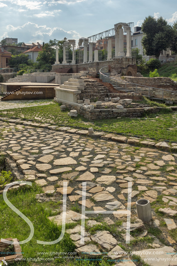 STARA ZAGORA, BULGARIA - AUGUST 5, 2018:  Auditorium of the Antique Forum at ruins of Augusta Traiana in the center of city of Stara Zagora, Bulgaria