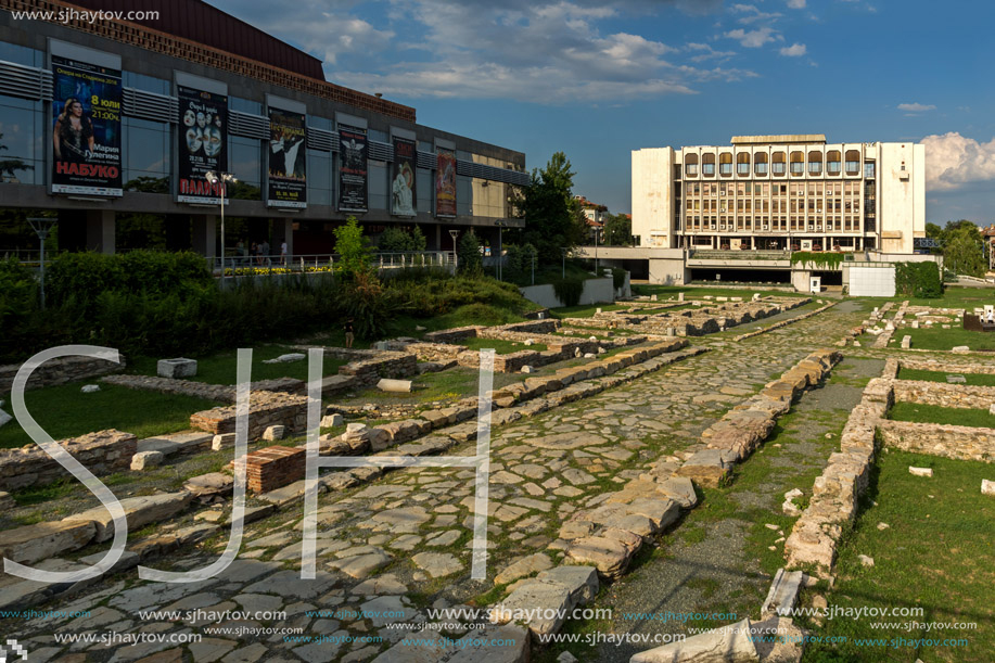 STARA ZAGORA, BULGARIA - AUGUST 5, 2018: Regional Library, State Opera and Ruins of Ancient Augusta Traiana  in the center of city of Stara Zagora, Bulgaria