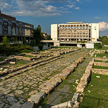 STARA ZAGORA, BULGARIA - AUGUST 5, 2018: Regional Library, State Opera and Ruins of Ancient Augusta Traiana  in the center of city of Stara Zagora, Bulgaria