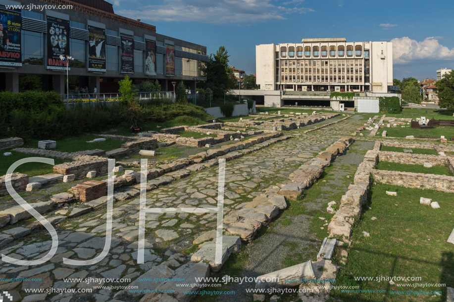 STARA ZAGORA, BULGARIA - AUGUST 5, 2018: Regional Library, State Opera and Ruins of Ancient Augusta Traiana  in the center of city of Stara Zagora, Bulgaria