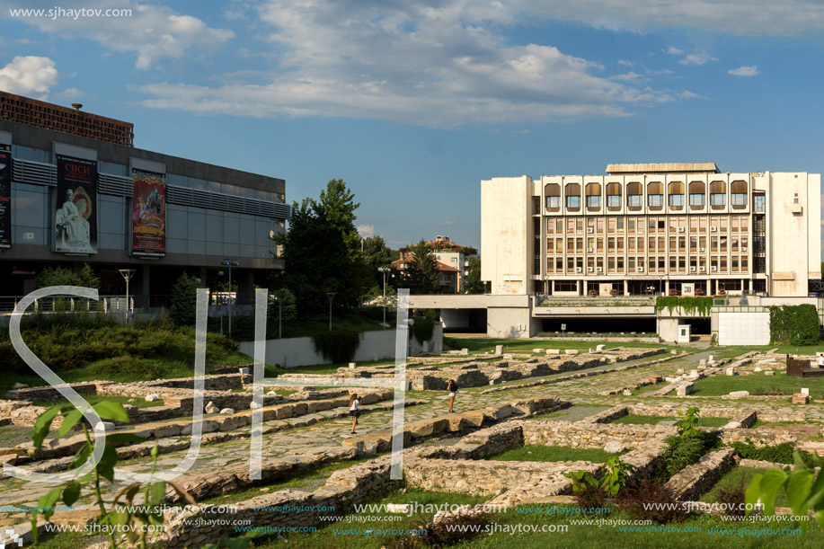 STARA ZAGORA, BULGARIA - AUGUST 5, 2018: Regional Library, State Opera and Ruins of Ancient Augusta Traiana  in the center of city of Stara Zagora, Bulgaria