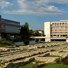 STARA ZAGORA, BULGARIA - AUGUST 5, 2018: Regional Library, State Opera and Ruins of Ancient Augusta Traiana  in the center of city of Stara Zagora, Bulgaria