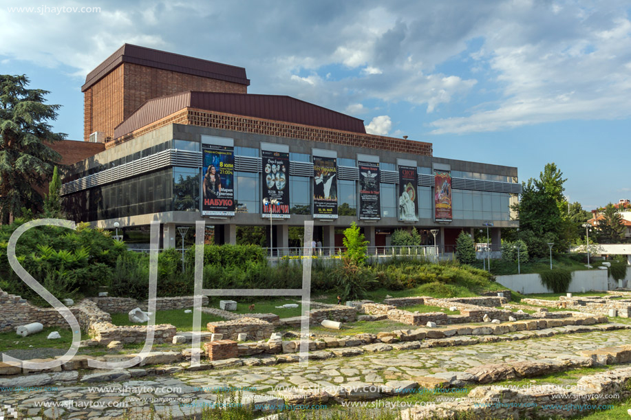 STARA ZAGORA, BULGARIA - AUGUST 5, 2018: State Opera and Ruins of Ancient Augusta Traiana  in the center of city of Stara Zagora, Bulgaria