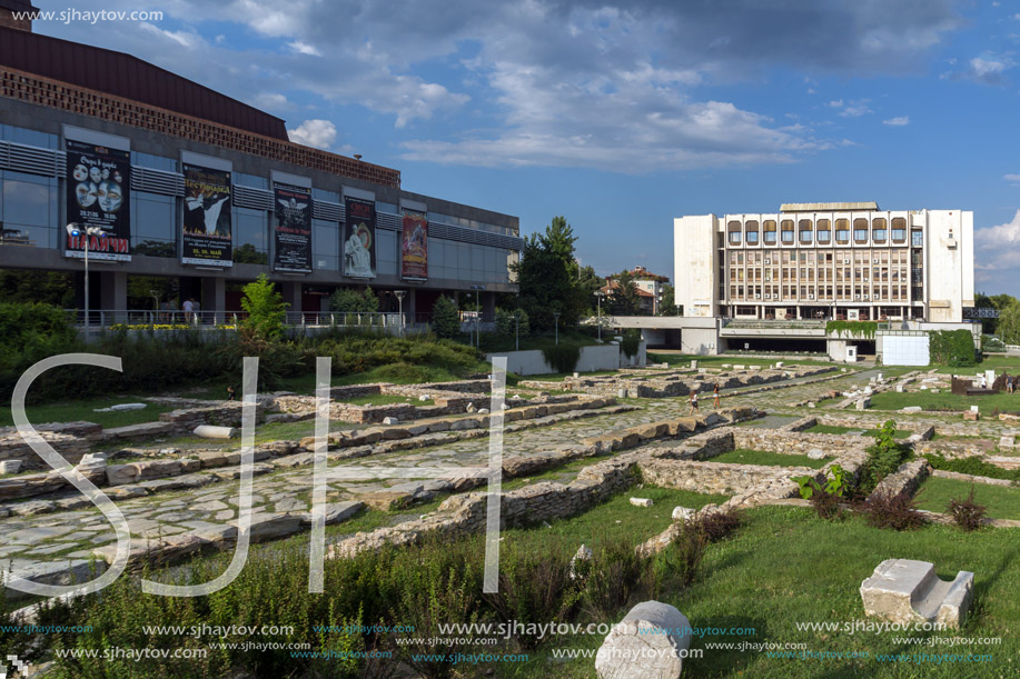 STARA ZAGORA, BULGARIA - AUGUST 5, 2018: Regional Library, State Opera and Ruins of Ancient Augusta Traiana  in the center of city of Stara Zagora, Bulgaria