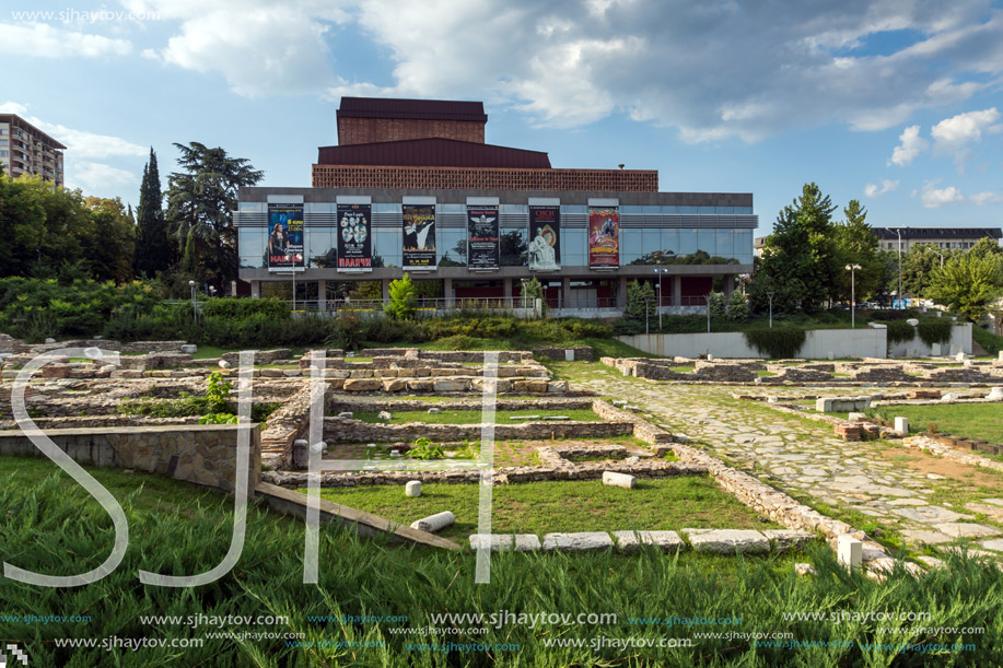 STARA ZAGORA, BULGARIA - AUGUST 5, 2018: State Opera and Ruins of Ancient Augusta Traiana  in the center of city of Stara Zagora, Bulgaria