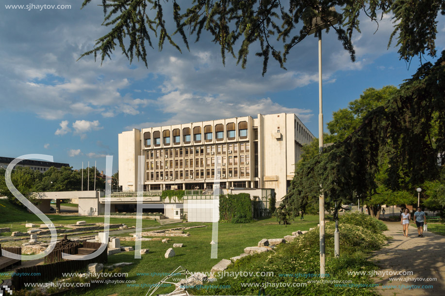 STARA ZAGORA, BULGARIA - AUGUST 5, 2018: Regional Library and Ruins of Ancient Augusta Traiana  in the center of city of Stara Zagora, Bulgaria