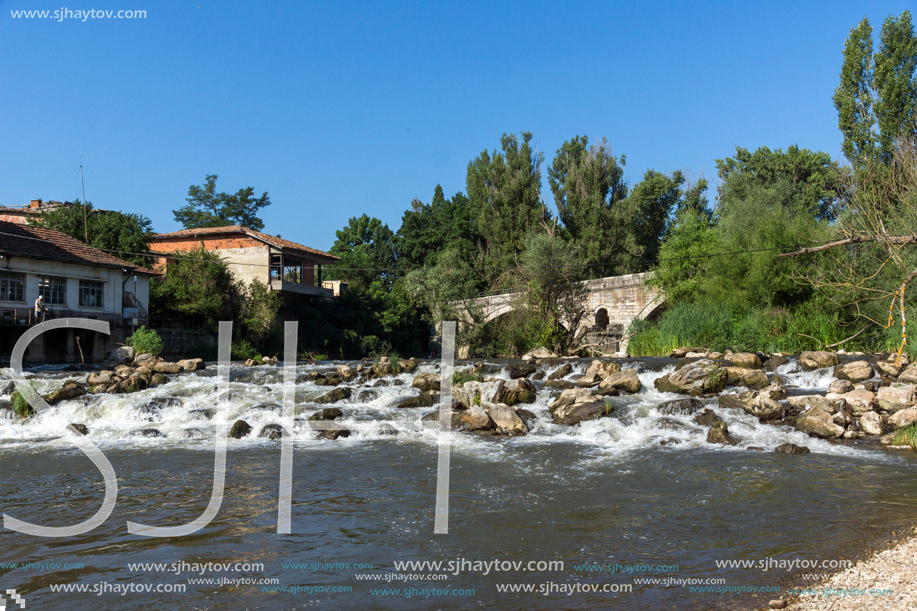 Summer view of Kadin most - a 15th-century stone arch bridge over the Struma River at Nevestino, Kyustendil Province, Bulgaria