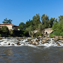 Summer view of Kadin most - a 15th-century stone arch bridge over the Struma River at Nevestino, Kyustendil Province, Bulgaria