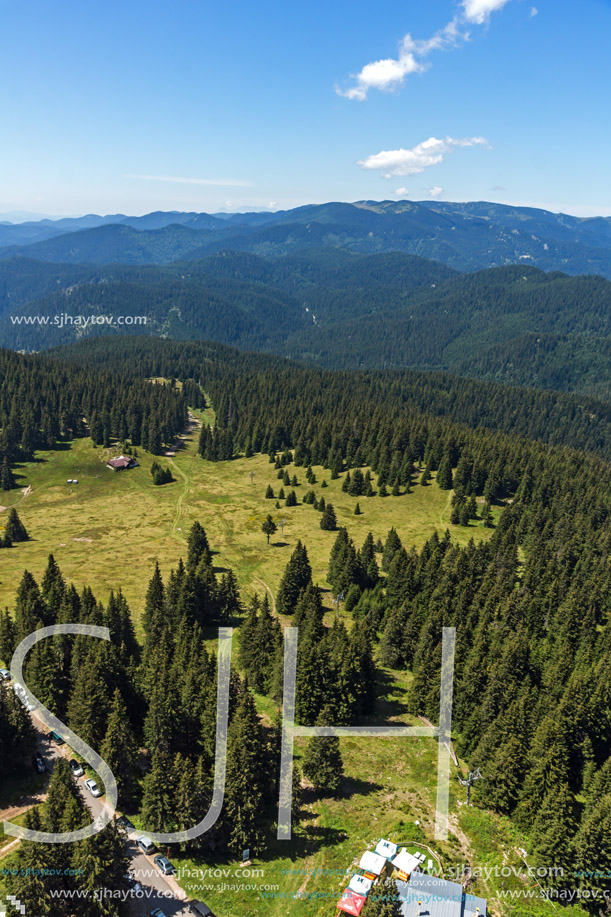 Summer landscape of Rhodope Mountains from Snezhanka tower near ski resort Pamporovo, Smolyan Region, Bulgaria