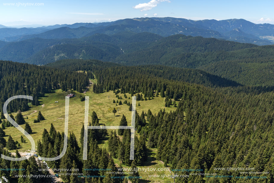 Summer landscape of Rhodope Mountains from Snezhanka tower near ski resort Pamporovo, Smolyan Region, Bulgaria