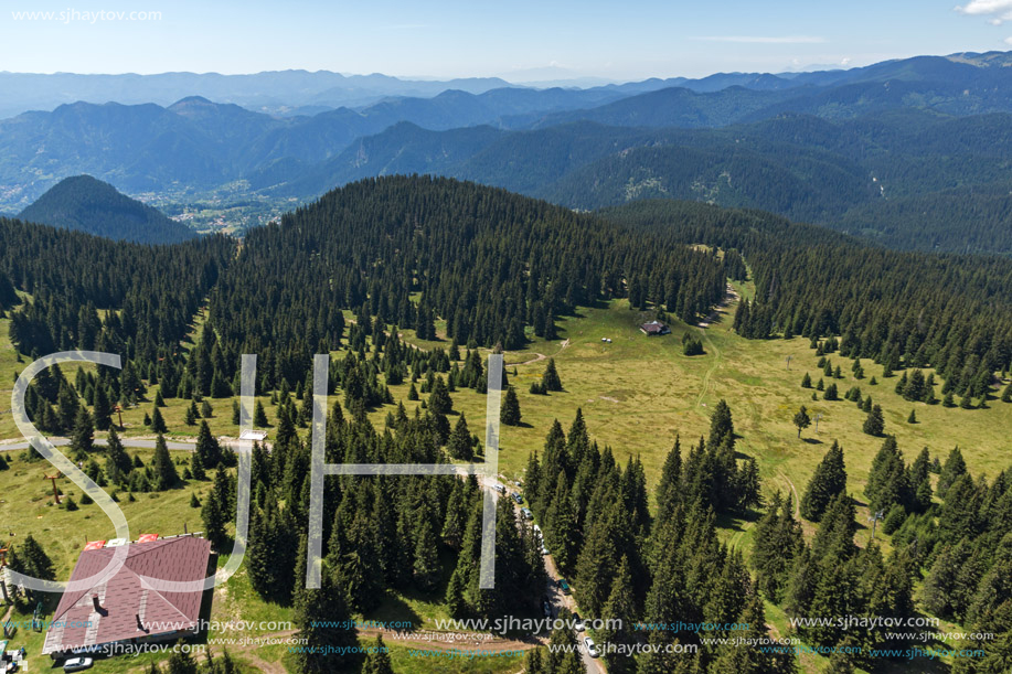 Summer landscape of Rhodope Mountains from Snezhanka tower near ski resort Pamporovo, Smolyan Region, Bulgaria