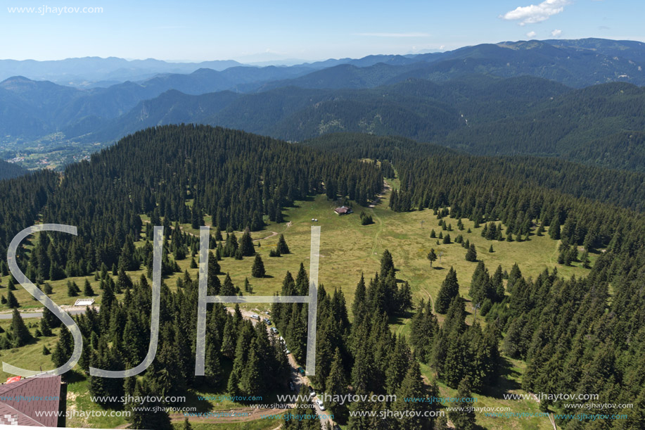 Summer landscape of Rhodope Mountains from Snezhanka tower near ski resort Pamporovo, Smolyan Region, Bulgaria