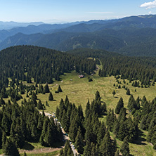 Summer landscape of Rhodope Mountains from Snezhanka tower near ski resort Pamporovo, Smolyan Region, Bulgaria