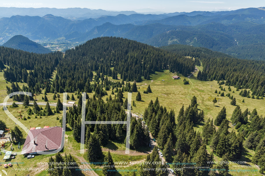 Summer landscape of Rhodope Mountains from Snezhanka tower near ski resort Pamporovo, Smolyan Region, Bulgaria