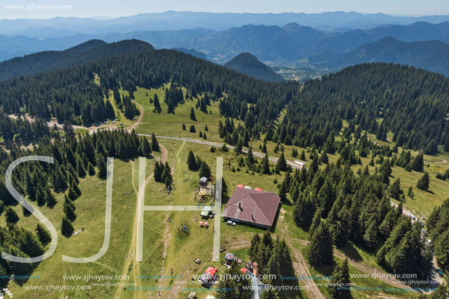 Summer landscape of Rhodope Mountains from Snezhanka tower near ski resort Pamporovo, Smolyan Region, Bulgaria