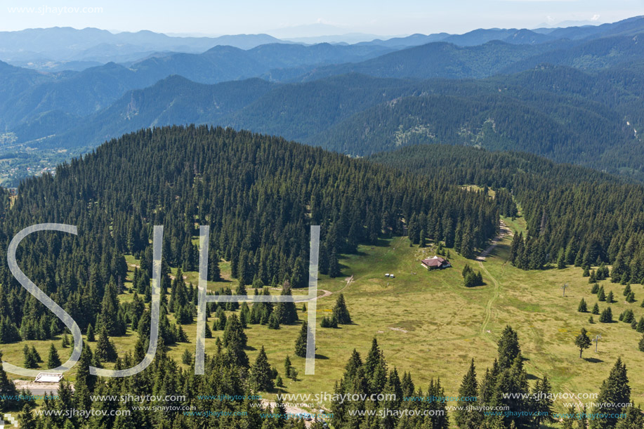 Summer landscape of Rhodope Mountains from Snezhanka tower near ski resort Pamporovo, Smolyan Region, Bulgaria