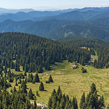 Summer landscape of Rhodope Mountains from Snezhanka tower near ski resort Pamporovo, Smolyan Region, Bulgaria