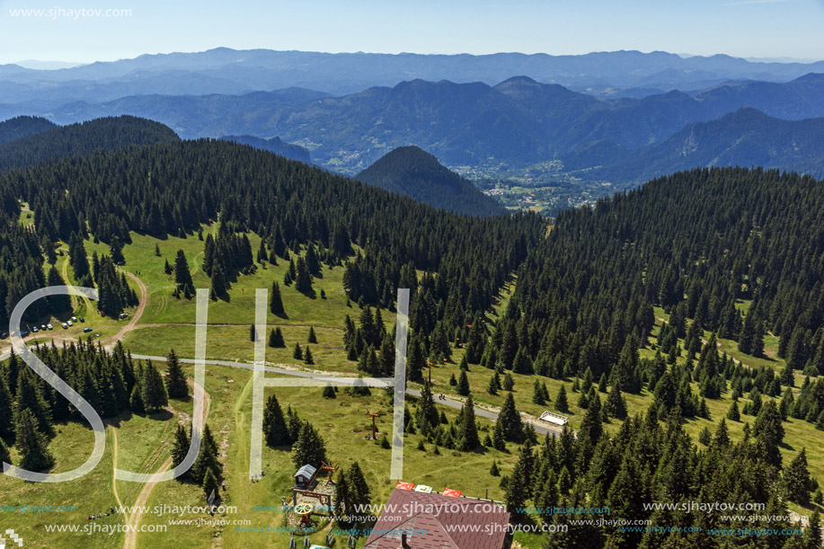 Summer landscape of Rhodope Mountains from Snezhanka tower near ski resort Pamporovo, Smolyan Region, Bulgaria