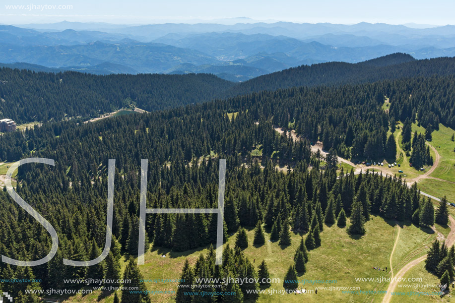 Summer landscape of Rhodope Mountains from Snezhanka tower near ski resort Pamporovo, Smolyan Region, Bulgaria