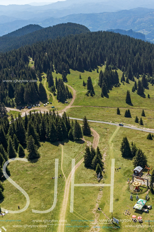 Summer landscape of Rhodope Mountains from Snezhanka tower near ski resort Pamporovo, Smolyan Region, Bulgaria