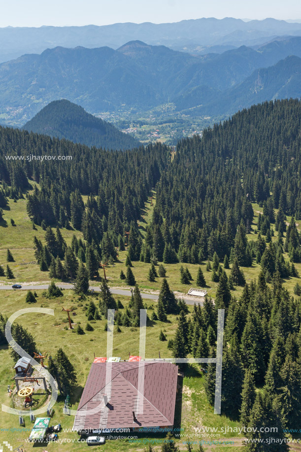 Summer landscape of Rhodope Mountains from Snezhanka tower near ski resort Pamporovo, Smolyan Region, Bulgaria