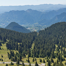 Summer landscape of Rhodope Mountains from Snezhanka tower near ski resort Pamporovo, Smolyan Region, Bulgaria