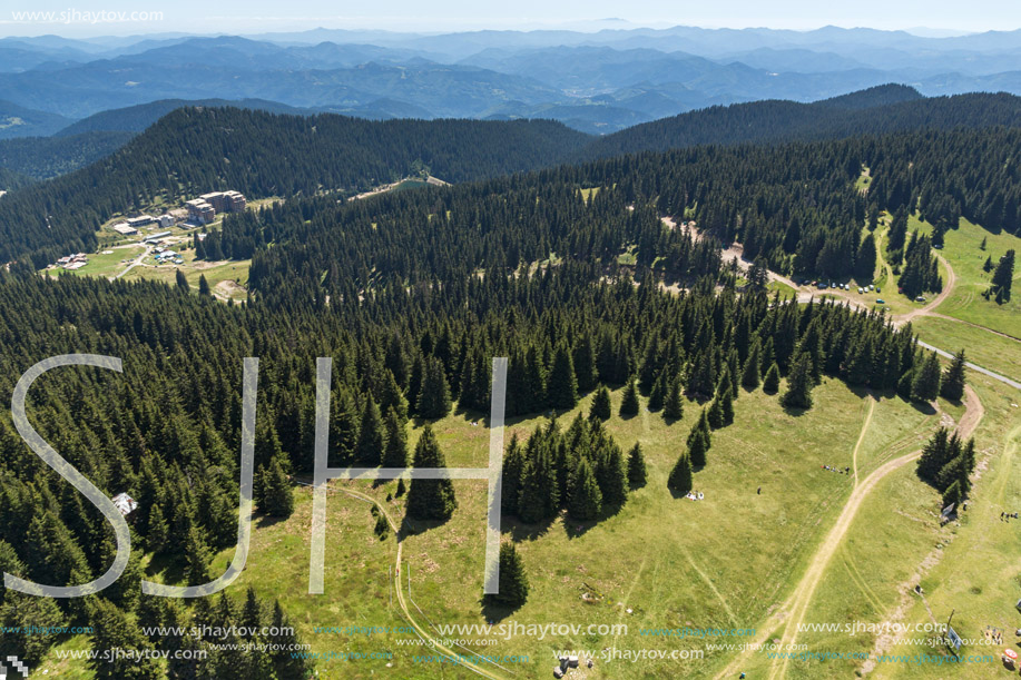 Summer landscape of Rhodope Mountains from Snezhanka tower near ski resort Pamporovo, Smolyan Region, Bulgaria