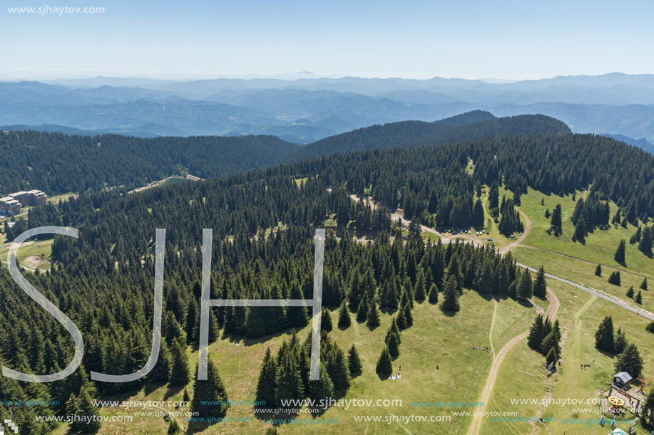 Summer landscape of Rhodope Mountains from Snezhanka tower near ski resort Pamporovo, Smolyan Region, Bulgaria