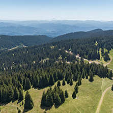 Summer landscape of Rhodope Mountains from Snezhanka tower near ski resort Pamporovo, Smolyan Region, Bulgaria