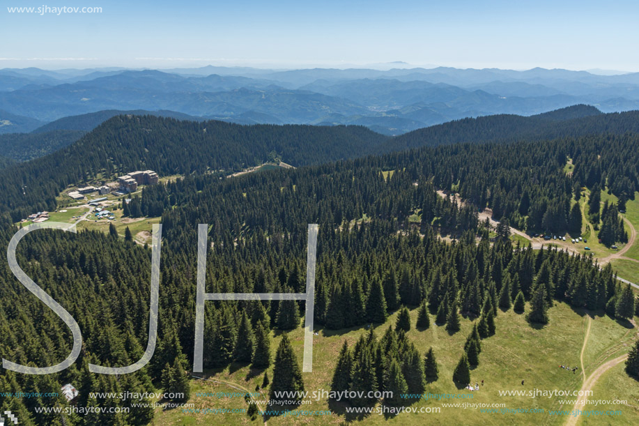 Summer landscape of Rhodope Mountains from Snezhanka tower near ski resort Pamporovo, Smolyan Region, Bulgaria