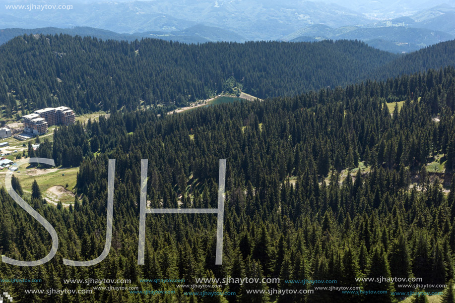 Summer landscape of Rhodope Mountains from Snezhanka tower near ski resort Pamporovo, Smolyan Region, Bulgaria