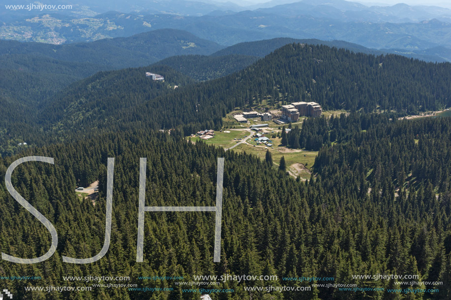 Summer landscape of Rhodope Mountains from Snezhanka tower near ski resort Pamporovo, Smolyan Region, Bulgaria