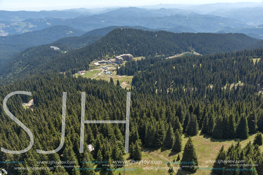 Summer landscape of Rhodope Mountains from Snezhanka tower near ski resort Pamporovo, Smolyan Region, Bulgaria