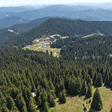 Summer landscape of Rhodope Mountains from Snezhanka tower near ski resort Pamporovo, Smolyan Region, Bulgaria