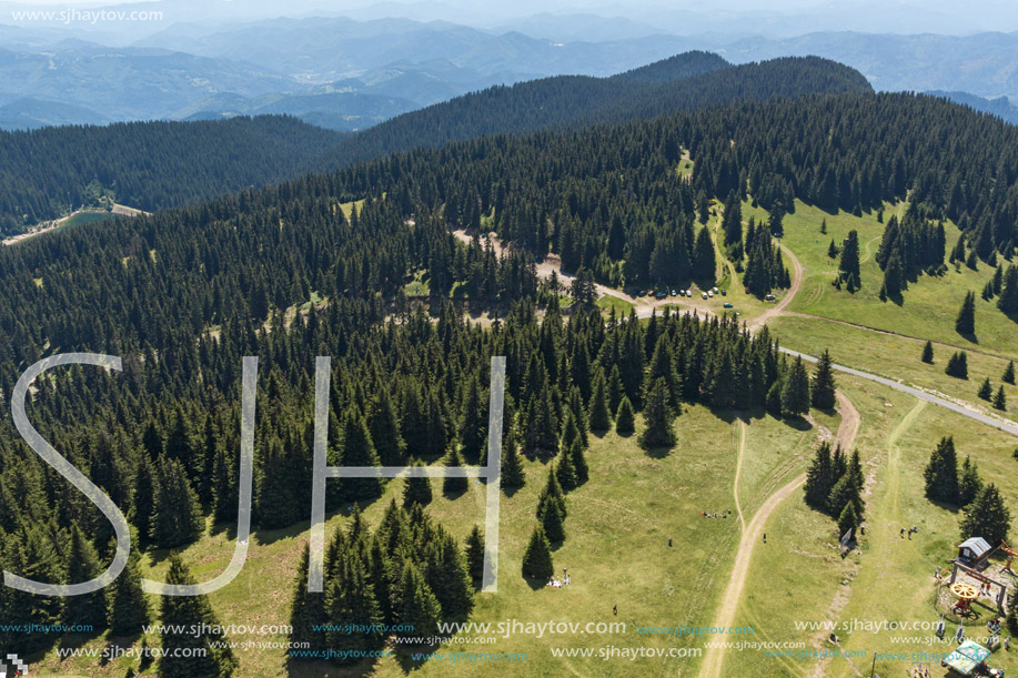 Summer landscape of Rhodope Mountains from Snezhanka tower near ski resort Pamporovo, Smolyan Region, Bulgaria