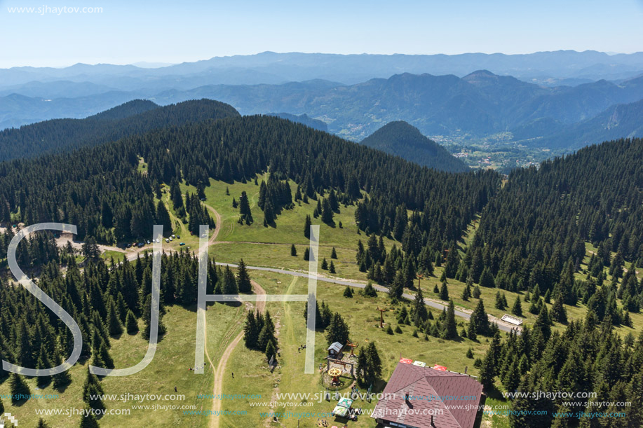 Summer landscape of Rhodope Mountains from Snezhanka tower near ski resort Pamporovo, Smolyan Region, Bulgaria