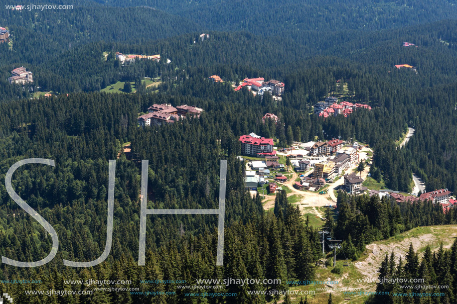 Summer landscape of Rhodope Mountains from Snezhanka tower near ski resort Pamporovo, Smolyan Region, Bulgaria