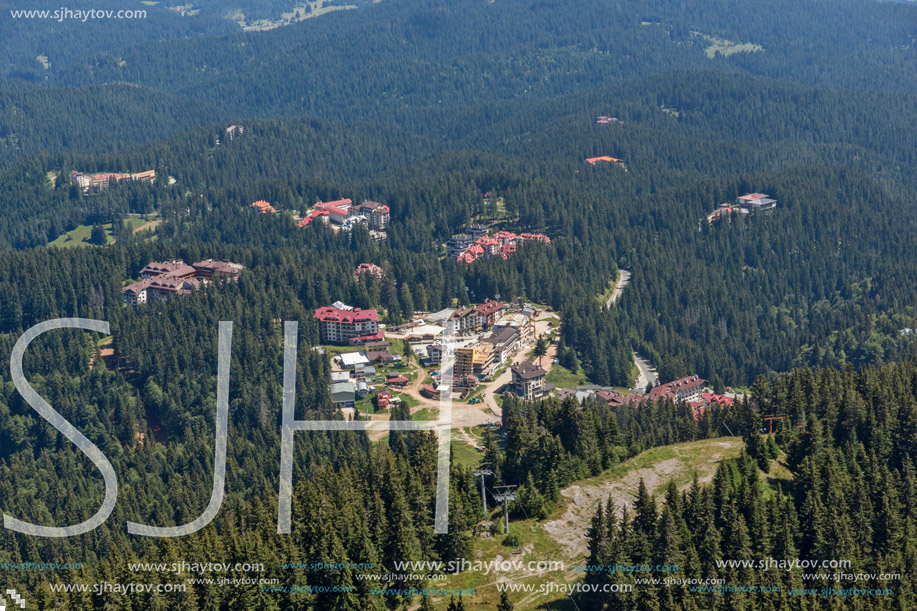 Summer landscape of Rhodope Mountains from Snezhanka tower near ski resort Pamporovo, Smolyan Region, Bulgaria