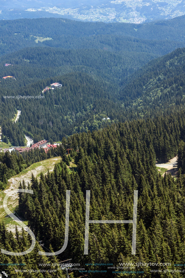 Summer landscape of Rhodope Mountains from Snezhanka tower near ski resort Pamporovo, Smolyan Region, Bulgaria