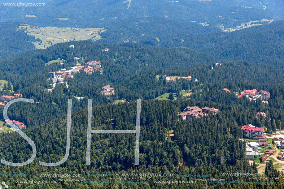 Summer landscape of Rhodope Mountains from Snezhanka tower near ski resort Pamporovo, Smolyan Region, Bulgaria