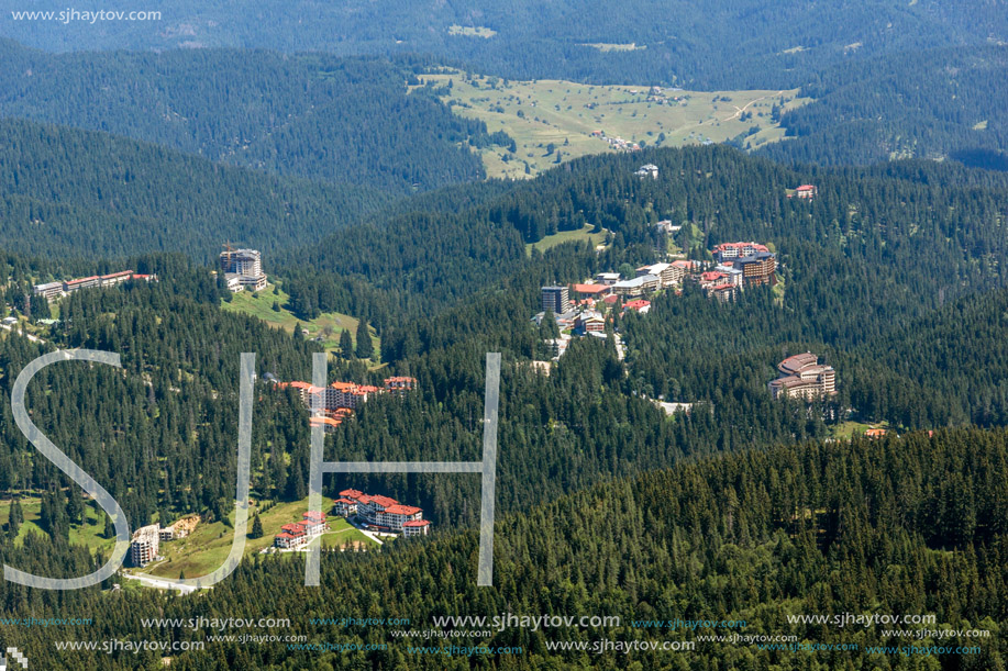 Summer landscape of Rhodope Mountains from Snezhanka tower near ski resort Pamporovo, Smolyan Region, Bulgaria