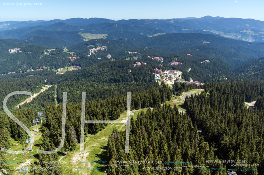 Summer landscape of Rhodope Mountains from Snezhanka tower near ski resort Pamporovo, Smolyan Region, Bulgaria