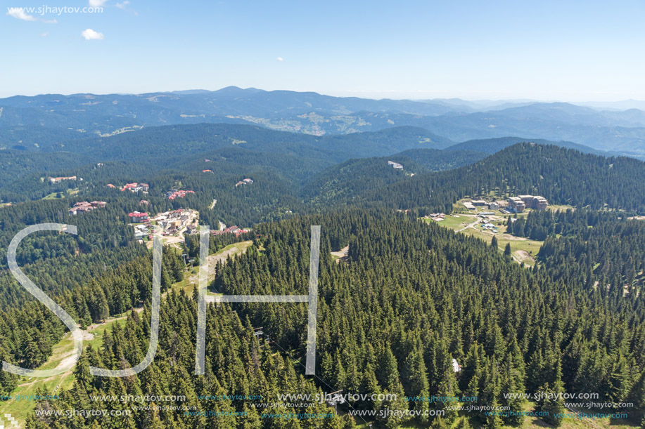 Summer landscape of Rhodope Mountains from Snezhanka tower near ski resort Pamporovo, Smolyan Region, Bulgaria