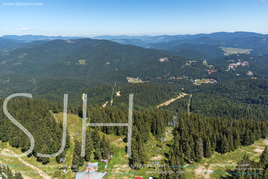 Summer landscape of Rhodope Mountains from Snezhanka tower near ski resort Pamporovo, Smolyan Region, Bulgaria